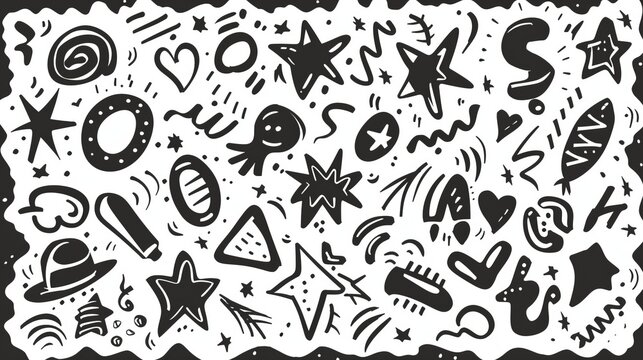 A collection of random black doodles and shapes, including stars, hearts, swirls, and other playful elements, arranged on a white background for a whimsical and fun design.