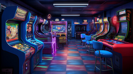 Nostalgic retro arcade with vibrant neon lights and classic arcade games, inviting players to experience the excitement and fun of the past.