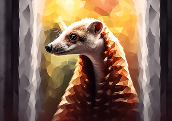 A Fennec fox with a geometric pattern fur coat stands in a surreal dreamscape, bathed in warm sunlight.