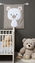 A crib with a teddy bear blanket and a stuffed bear sitting in front of it, with a larger teddy bear sitting on the floor beside them.