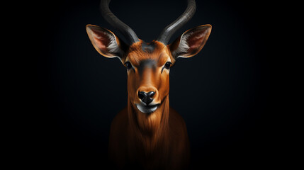 An impala antelope with dark background , looking at camera with curiosity , isolated , detailed fur texture