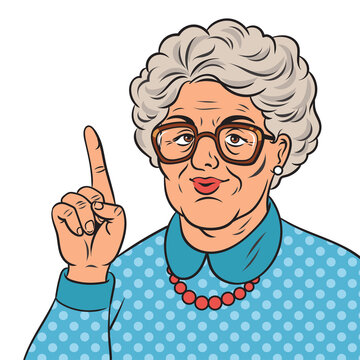 recommend clip art: Old granny shaking her finger index finger pointing up pop art retro PNG illustration. Comic book style imitation.