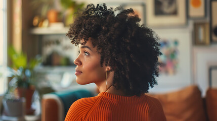 Thoughtful young woman with beautiful curly hair looking away, contemplating her future with a hopeful smile on her face