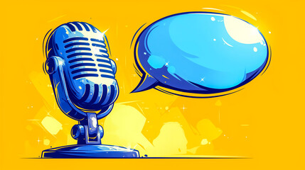 Retro Microphone Illustration with Speech Bubble on a Bright Yellow Background