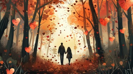 Romantic Forest Walk with Heart-Shaped Leaves - Autumn Love Scene for Cards, Posters, Prints