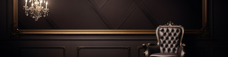 ornate tufted leather armchair and golden chandelier in dark room