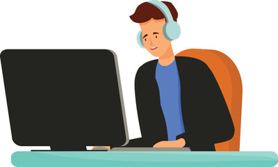 Computer programmer is coding on his computer while wearing headphones