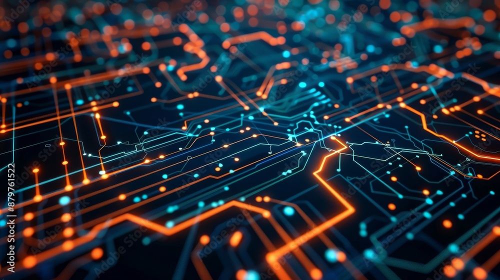 Poster dynamic visualization of a futuristic circuit board featuring glowing lines and interconnected nodes