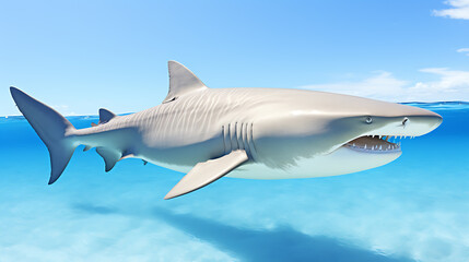 Obraz premium Half body of a great white shark emerging from deep blue water with a menacing toothy grin.