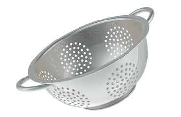 One Stainless Steel Colander, 3D rendering isolated on transparent background