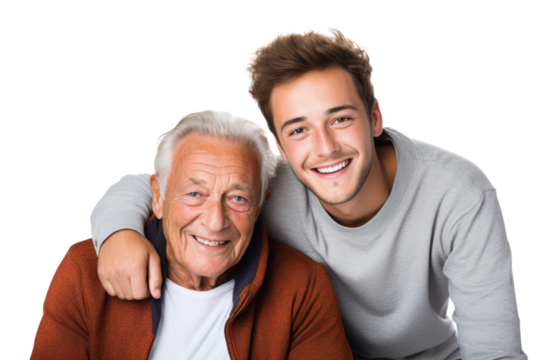 Elderly male person and his son in a warm embrace, smiling at the camera, reflecting a deep sense of family unity. Isolated on white background - Powered by Adobe