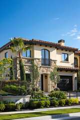 Fototapeta premium A luxurious house with stone facade and lush greenery.