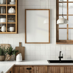 3D render of a mock-up poster frame in a kitchen with Scandinavian-style interior design.