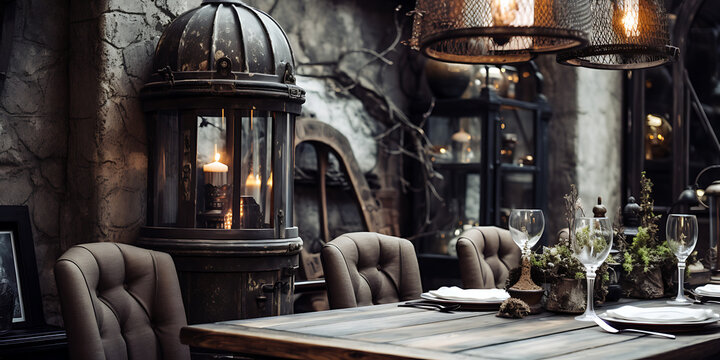 Rustic and mysterious dining room with a vintage vibe