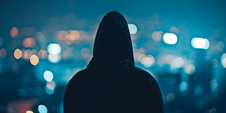 Silhouette of a Hooded Criminal in the City at Night True Crime Concept. Concept Silhouette Portraits, Night Photography, True Crime Ideas, Urban Settings, Mysterious Characters