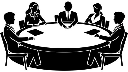 Group of people, men and women, sitting at a round table and talking to each other silhouette black vector illustration