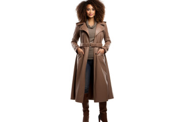 Fashion-forward African American woman with curly hair, wearing a stylish coat and boots, looking confidently to the side Isolated on white background