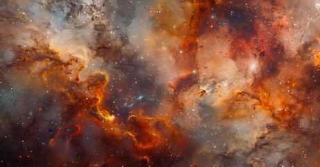 Obraz premium Cosmic dust and gas swirl in vibrant hues of orange, red, and purple, forming a breathtaking nebula in the vast expanse of space.