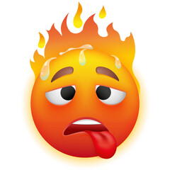 Hot emoji with flame. Overheated sweating emoticon with tongue.  Vector emoji on white background. Red face. Cute emoticon