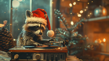 A raccoon wearing a Santa hat is spinning a record on a turntable, with a Christmas tree and presents in the background. It evokes a feeling of fun, joy and celebration.