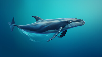 A majestic blue whale swims freely in the deep blue ocean, representing hope and the beauty of nature.