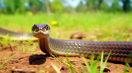 Fototapeta premium Closeup of a brown and black snake with yellow eyes staring at the camera with blurred green background