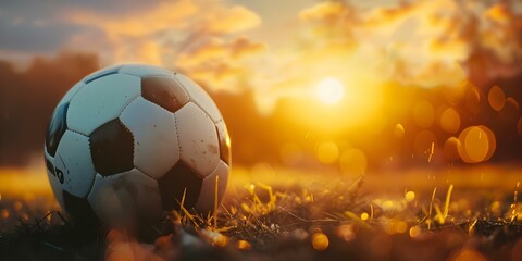 Fototapeta premium Soccer ball in stadium at dawn with crowd blurred in the background. Concept Sports Photography, Stadium Atmosphere, Action Shots, Sunrise Silhouette, Dynamic Composition