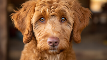 A cute goldendoodle puppy with big brown eyes is looking at the camera with a curious expression on its face.