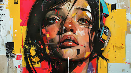 A portrait of a young woman with a colorful and abstract background in the style of street art.