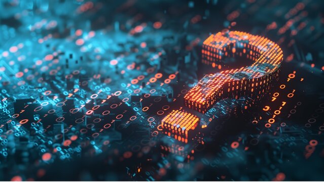 digital 3d question mark with binary code, ai in question answering systems, natural language processing algorithms, information retrieval platforms and personalized knowledge assistance