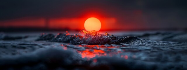 A tight shot of the sun sinking into a body of water, with rocks jutting out in the foreground
