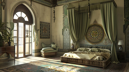 Elegant, antique-style bedroom with a Moorish/Mediterranean aesthetic.
