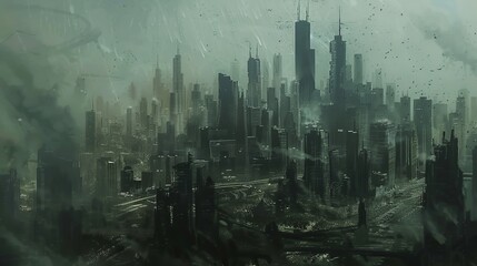 A city skyline under a dark, stormy sky depicts a post-apocalyptic scene, with tall skyscrapers appearing ghostly amidst swirling clouds and grim weather conditions.