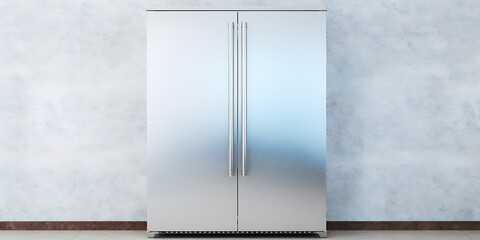 Stainless steel double door refrigerator against a light gray textured wall.
