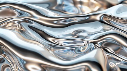 A reflective liquid metal surface with smooth undulations, creating an abstract visual effect reminiscent of flowing waves and modern metallic textures.