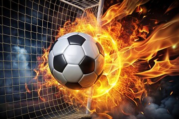 Fototapeta premium Burning soccer ball reaching goal