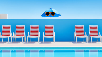 Fototapeta premium Blue and white minimal surreal summer vacation concept with beach chairs and umbrella