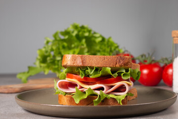 Close-up of two sandwiches with bacon, salami, prosciutto and fresh vegetables on rustic wooden cutting board. Club sandwich concept