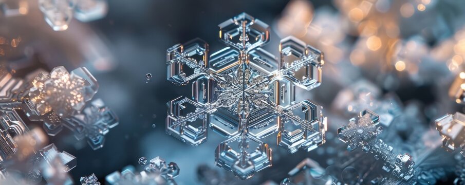 A snowflake under a microscope, its intricate crystalline structure a masterpiece of nature's design.