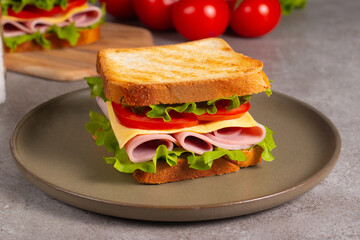 Close-up of two sandwiches with bacon, salami, prosciutto and fresh vegetables on rustic wooden cutting board. Club sandwich concept