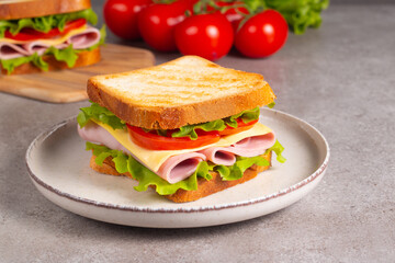 Close-up of two sandwiches with bacon, salami, prosciutto and fresh vegetables on rustic wooden cutting board. Club sandwich concept