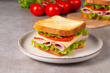 Close-up of two sandwiches with bacon, salami, prosciutto and fresh vegetables on rustic wooden cutting board. Club sandwich concept