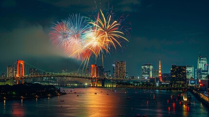 A vibrant display of fireworks illuminates the night sky over a bustling cityscape with a scenic bay area, picturesque reflections, and an iconic bridge in the background.