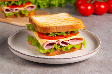 Close-up of two sandwiches with bacon, salami, prosciutto and fresh vegetables on rustic wooden cutting board. Club sandwich concept