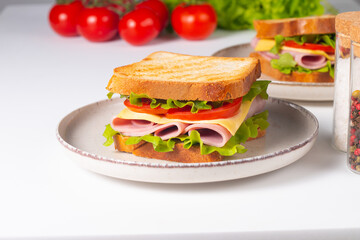 Close-up of two sandwiches with bacon, salami, prosciutto and fresh vegetables on rustic wooden cutting board. Club sandwich concept
