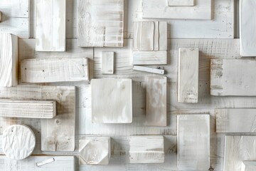 An artistic arrangement of whitewashed wooden abstract pieces of different shapes and sizes creates a visually appealing pattern when viewed from the top