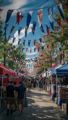 Naklejka premium Colorful Street Market Festival with Food Stalls and Decorations Under Blue Skies for Summer Celebrations