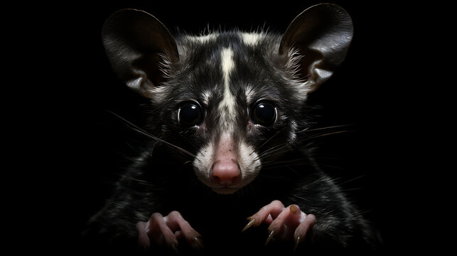 Striking close-up portrait of an adorable wild olingo with big round black eyes and soft fur staring at the camera with curiosity and wonder in the darkness