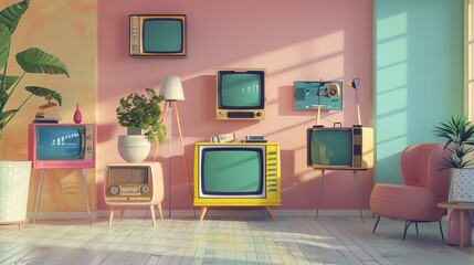 An aesthetically pleasing scene featuring several retro televisions placed on and against a pastel-colored wall, mixed with modern furnishings and indoor plants for a chic ambiance.
