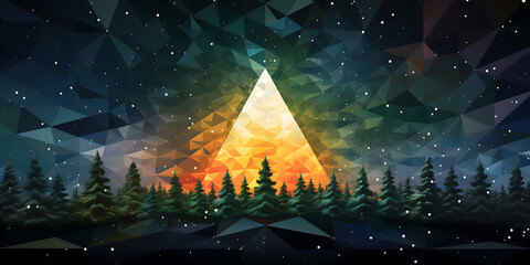 Mystical low poly winter landscape in greens and blues with a glowing yellow triangle.